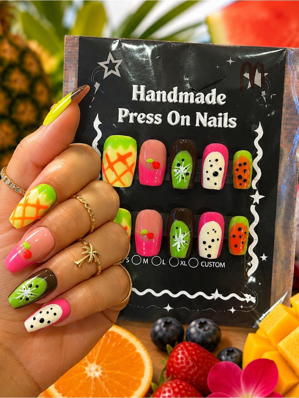 Handmade Tropical Fruit Press On Nails Medium Square Hand Painted Summer Nails - Picture 2 of 3